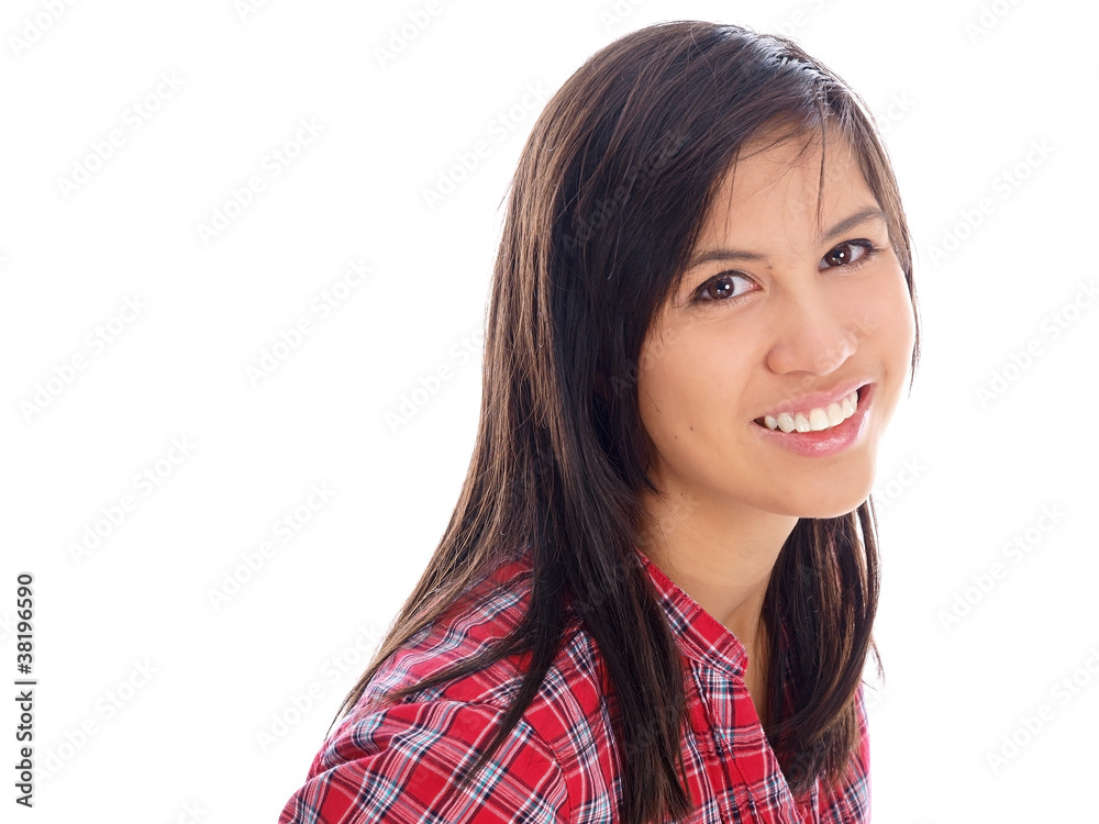 smiling teenage girl in checkered shirt smiling teenage girl in checkered shirt