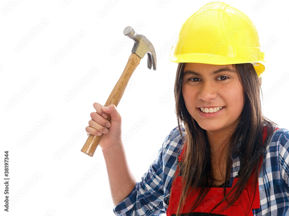 smiling girl with construction helmet smiling girl with construction helmet