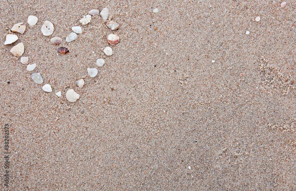 Heart made from shells in the sand background Heart made from shells in the sand background