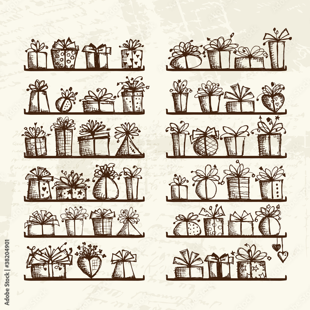Fototapeta premium Gift boxes on shelves, sketch drawing for your design