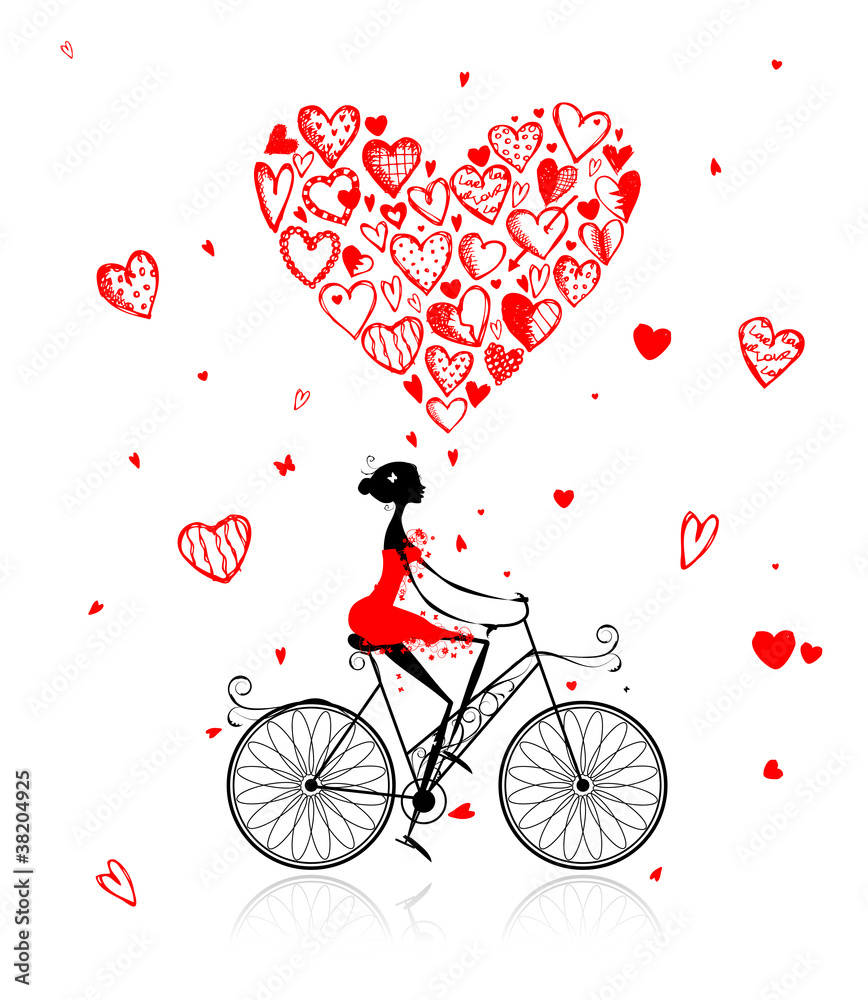 Girl cycling with big red heart for valentine day