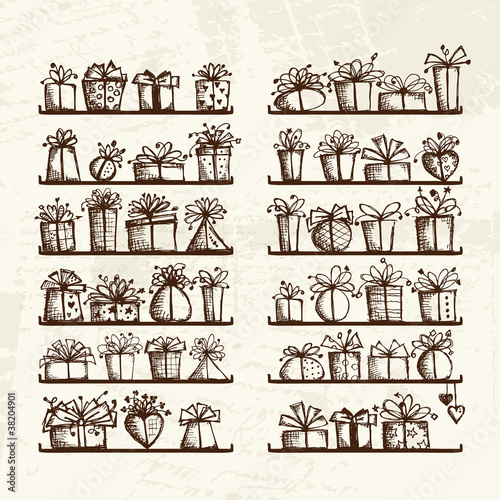 Gift boxes on shelves, sketch drawing for your design