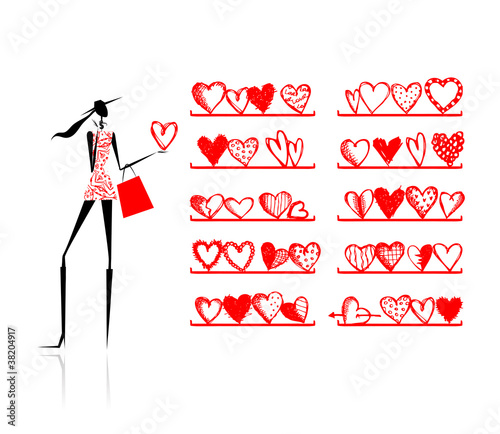 Valentine day. Girl in shop with hearts