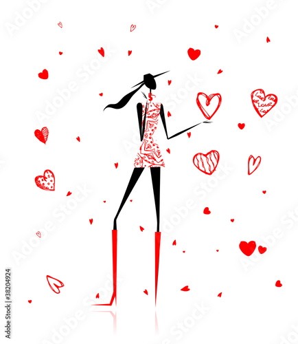 Valentine day. Girl with big red heart