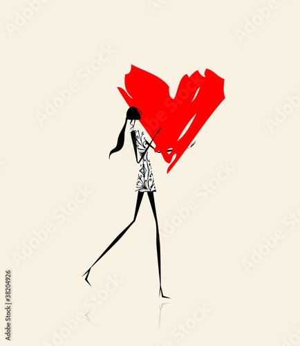 Valentine day. Girl with big red heart