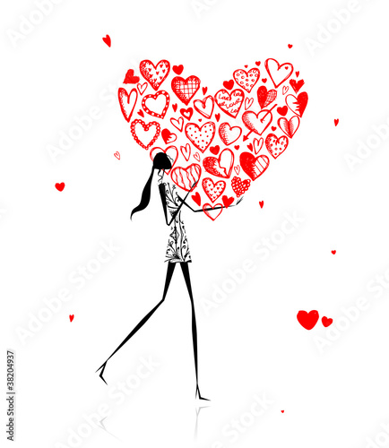 Valentine day. Girl with big red heart