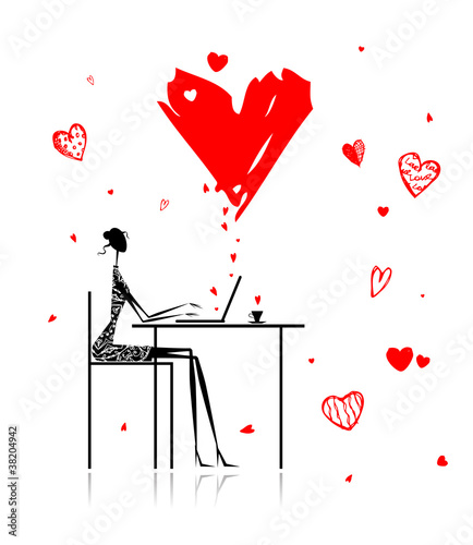 Valentine day. Girl with laptop in cafe