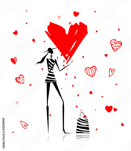Valentine day. Fashion girl with big red heart