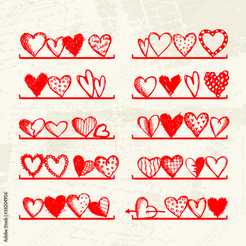 Funny hearts on shelves, sketch drawing for your design