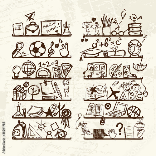 Objects for school on shelves, sketch drawing for your design