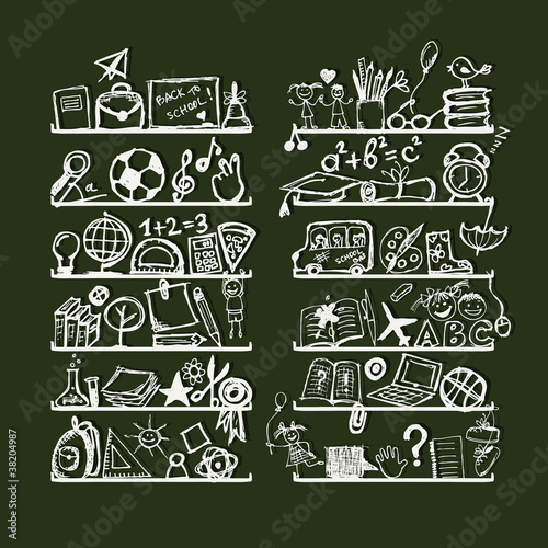 Objects for school on shelves, sketch drawing for your design