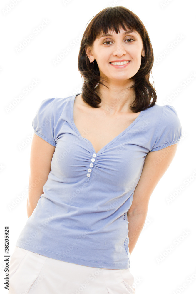 A woman in a blue shirt and white skirt on a white background.