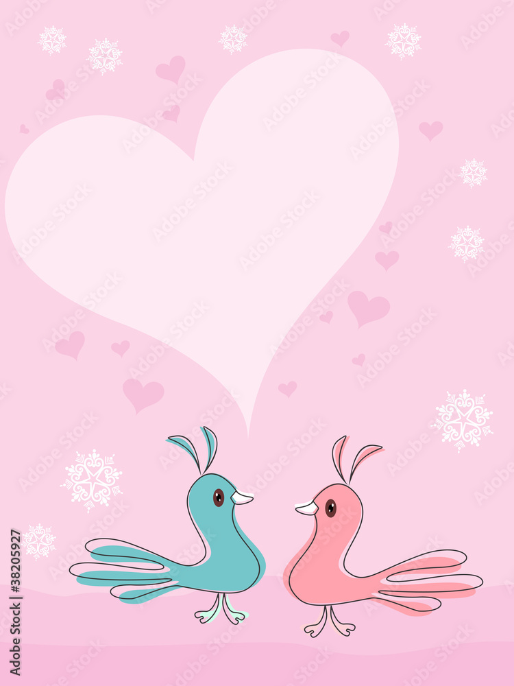A beautiful card with love birds and heart shape. Vector illustr