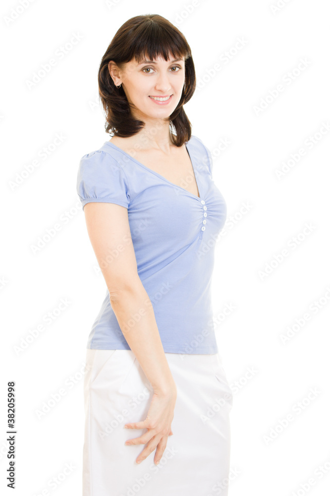 A woman in a blue shirt and white skirt on a white background. A woman in a blue shirt and white skirt on a white background.