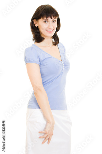 A woman in a blue shirt and white skirt on a white background.