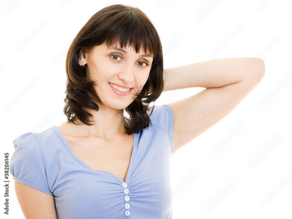 A woman in a blue shirt and white skirt on a white background. A woman in a blue shirt and white skirt on a white background.