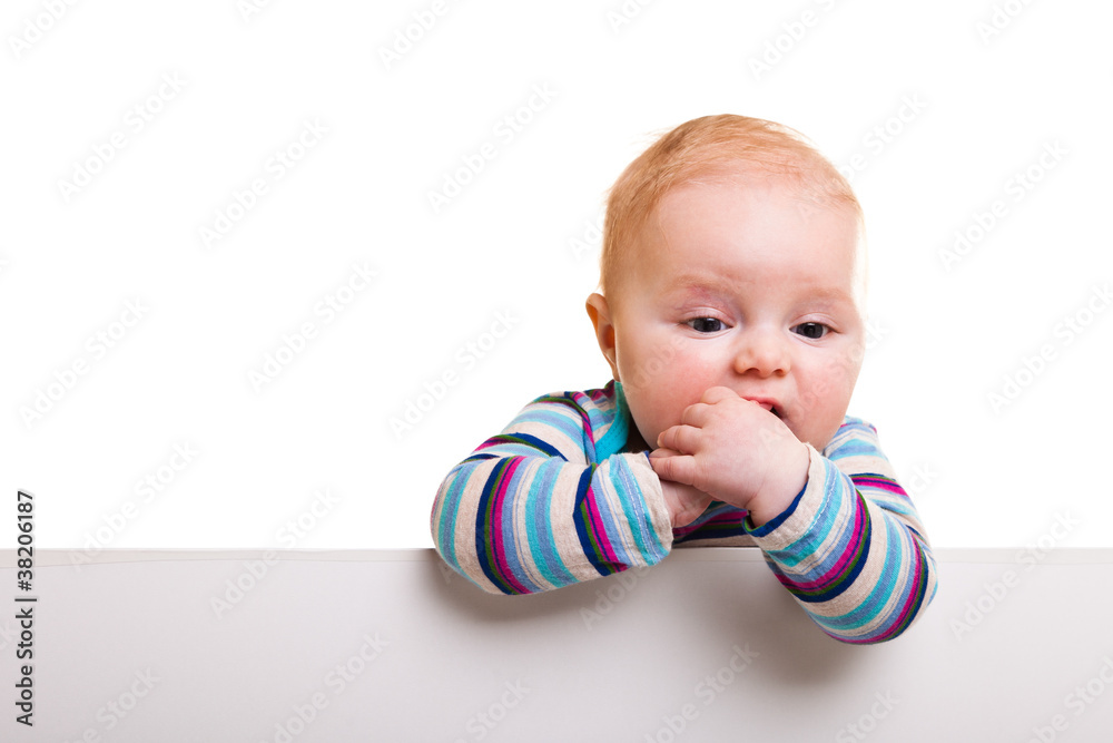 Isolated beaufiful caucasian infant baby behind whiteboard Isolated beaufiful caucasian infant baby behind whiteboard