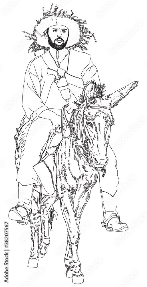 A peasant with a gun in a holster riding on a donkey. series of