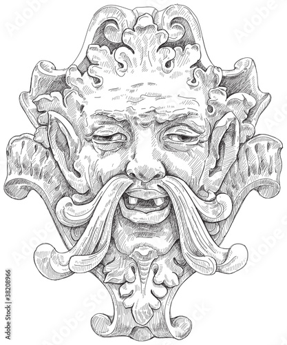 Ancient mask with hair turning into floral design. Decorative el