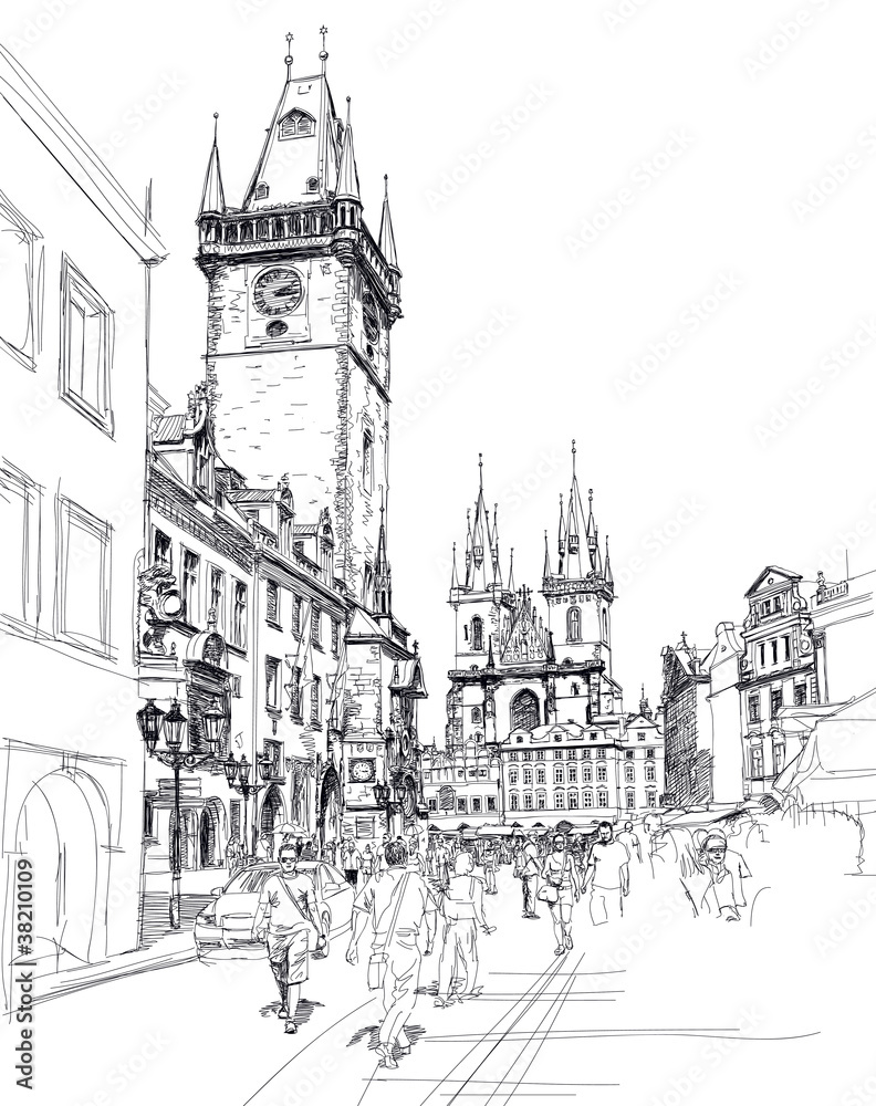 Old Town Square, Prague, Czech Republic - a vector sketch