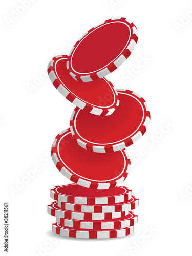 Pile of vector red casino chips isolated on white