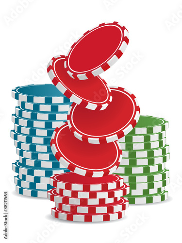 Piles of vector colorful casino chips isolated on white