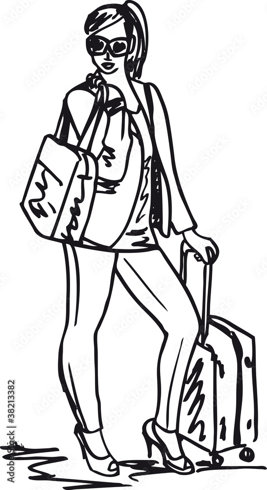 Sketch of a beautiful young woman with travel bag. Vector illust Sketch of a beautiful young woman with travel bag. Vector illust