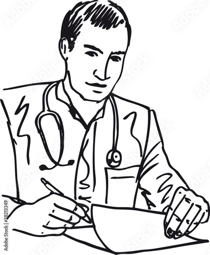 Sketch of Medical doctor with stethoscope sitting at a desk in h