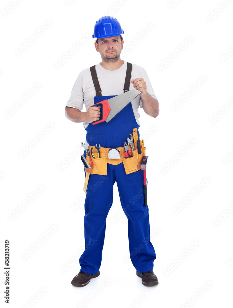 Construction worker with handsaw and other tools Construction worker with handsaw and other tools