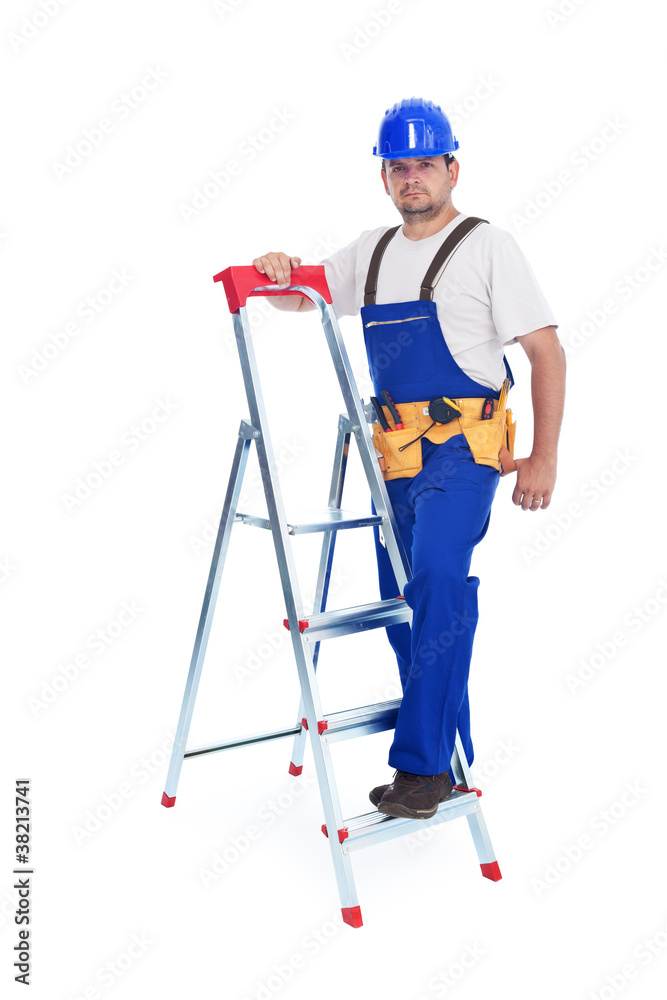 Handyman or worker leaning against ladder Handyman or worker leaning against ladder