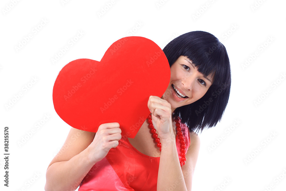 Smiling woman with heart symbol, isolated Smiling woman with heart symbol, isolated