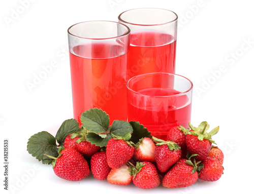 Fresh strawberry and juice glasses isolated on white