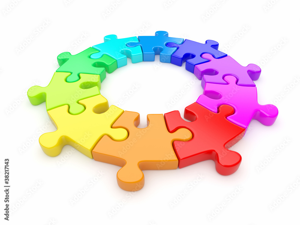 Colorful puzzle ring 3D. Team concept. Isolated on white backgro Colorful puzzle ring 3D. Team concept. Isolated on white backgro