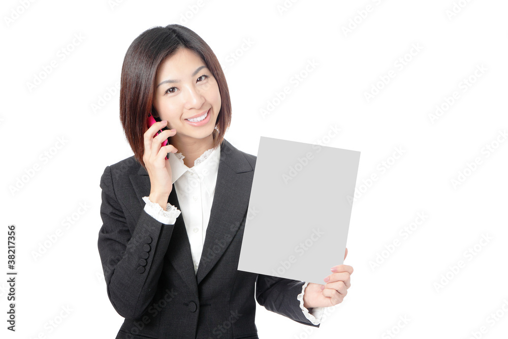 Beautiful Business woman take blank paper and speaking phone Beautiful Business woman take blank paper and speaking phone