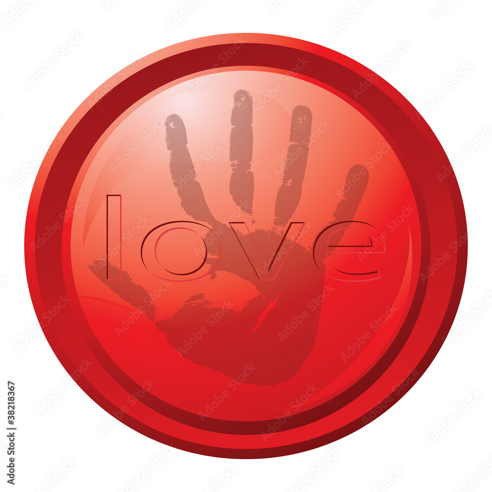 Obraz premium The red button with a print of a hand and an inscription 