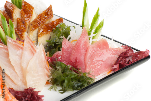Set of Sashimi on Daikon with Seaweed, Cucumber
