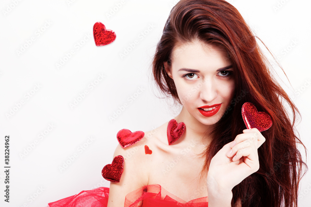 Brunette girl with red hearts Brunette girl with red hearts