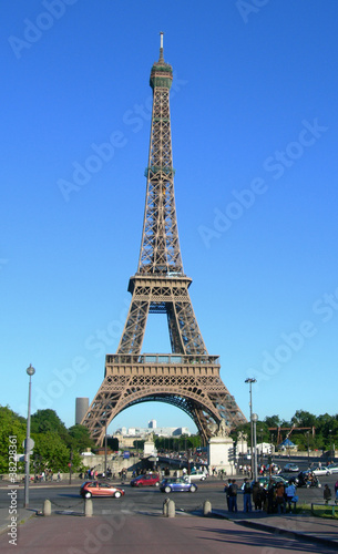 Street level image of Eiffel Tower in Paris, France