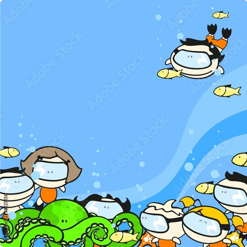 Cute background with kids exploring exotic underwater world