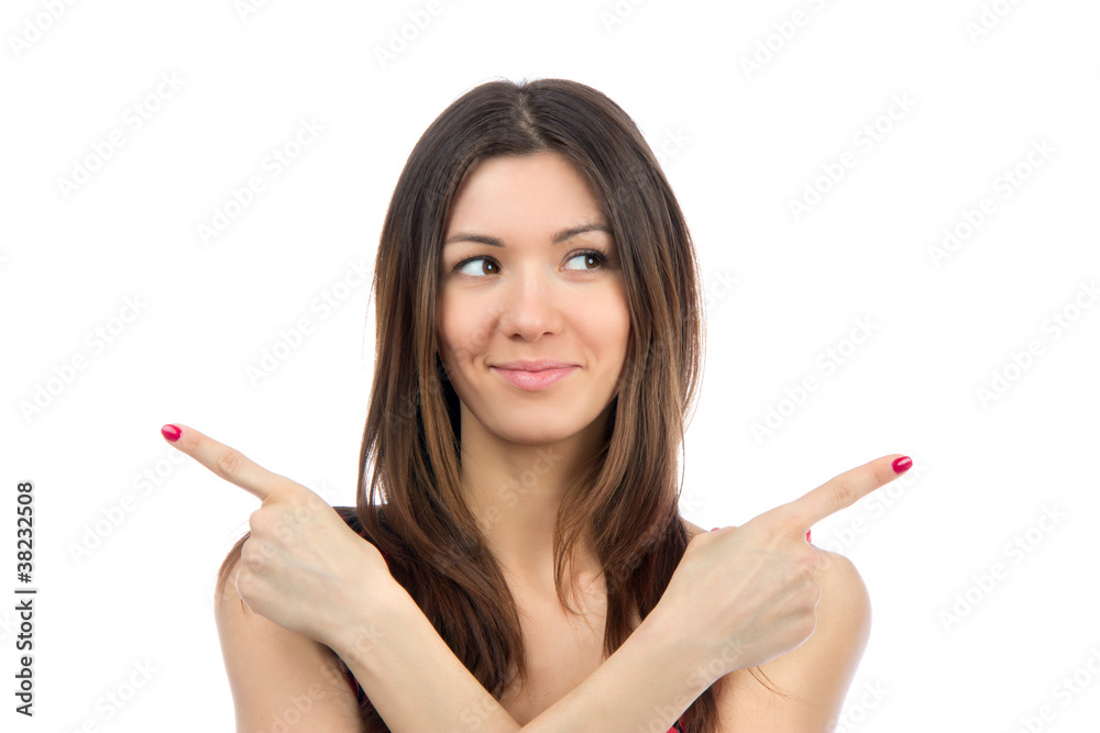 young business woman pointing hand finger at corner young business woman pointing hand finger at corner