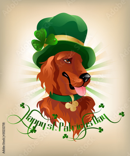Happy st. Patrickes Day background with Irish setter and text.