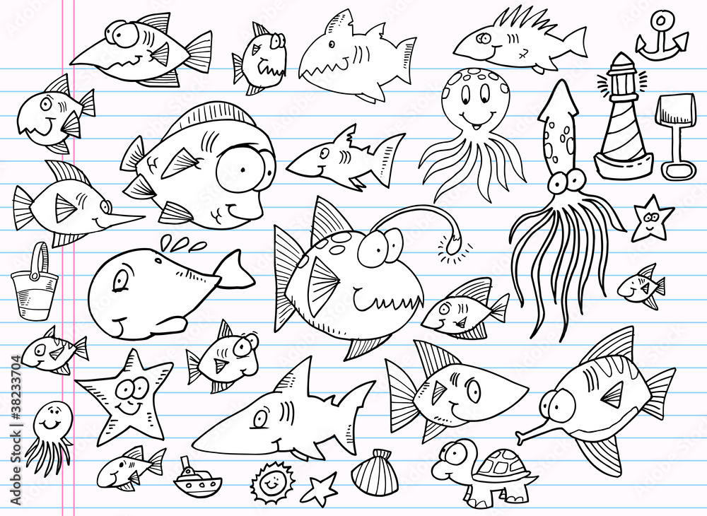 Notebook Doodle Summer Ocean Animal Vector Set Notebook Doodle Summer Ocean Animal Vector Set