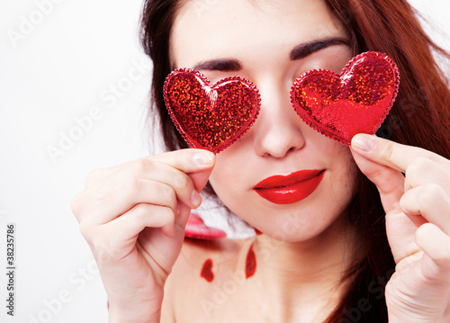 Brunette girl with red hearts