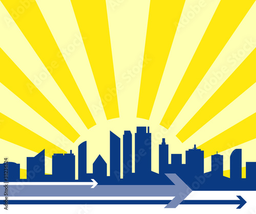 City skyline with a sunburst behind and directional arrows.