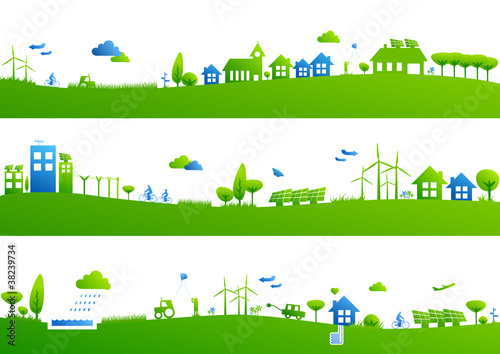 Green city banner, town landscape border, ecology background