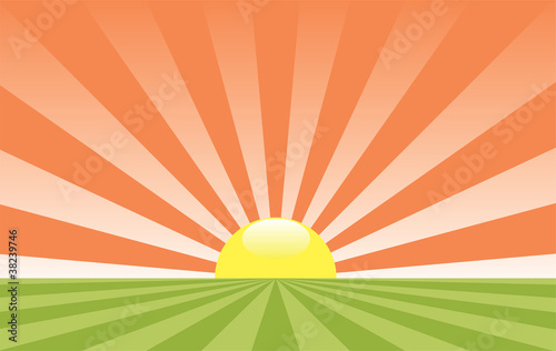 vector abstract rural landscape with rising sun