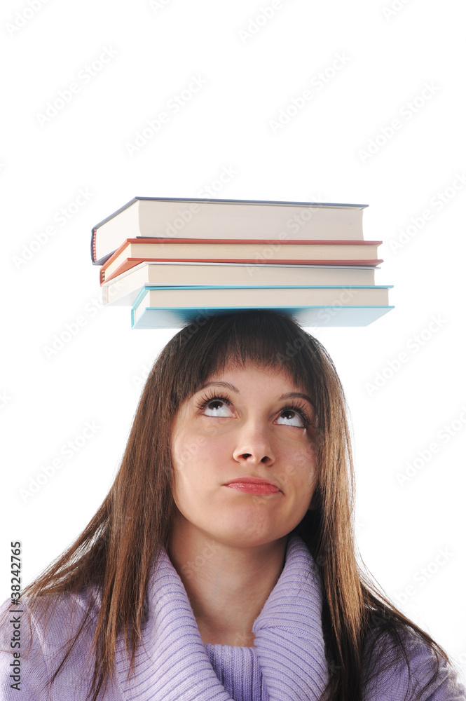 Female student with books on white background Female student with books on white background