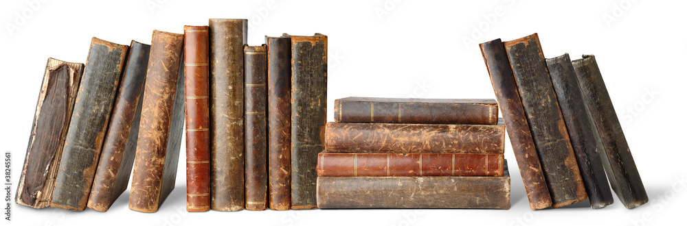 Fototapeta premium Old books in a row isolated on white background