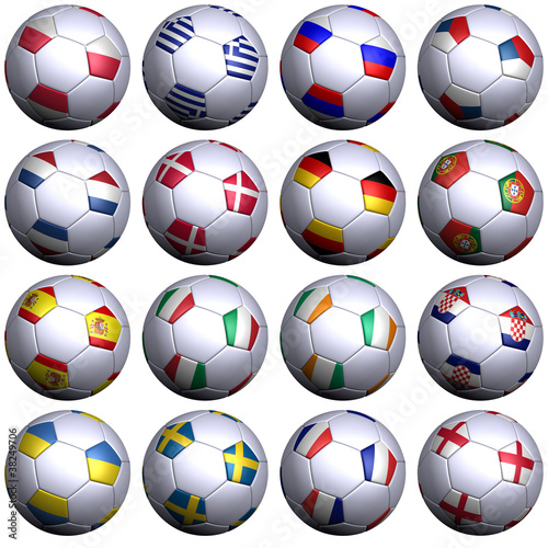 Sixteen soccer balls with flags of the 2012 European Championshi