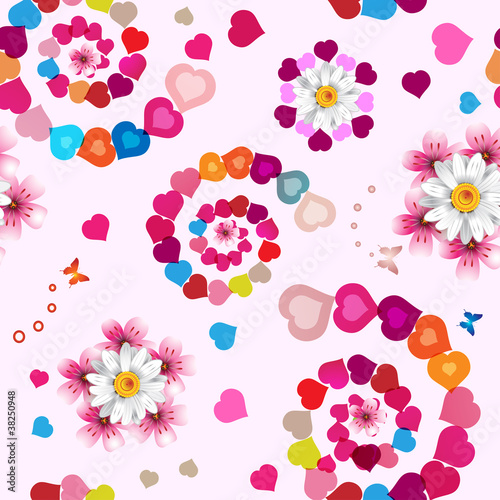 Seamless pattern with hearts and flowers